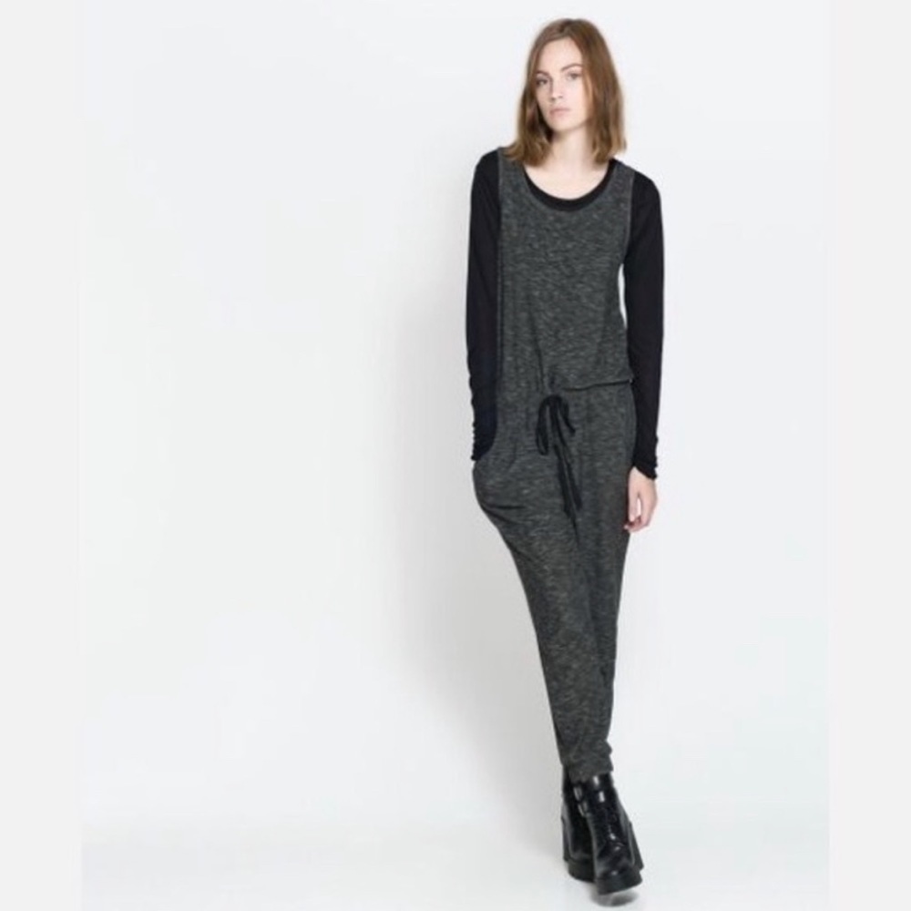 Zara Marled Gray Jumpsuit Size Medium Sleeveless Tie Waist.